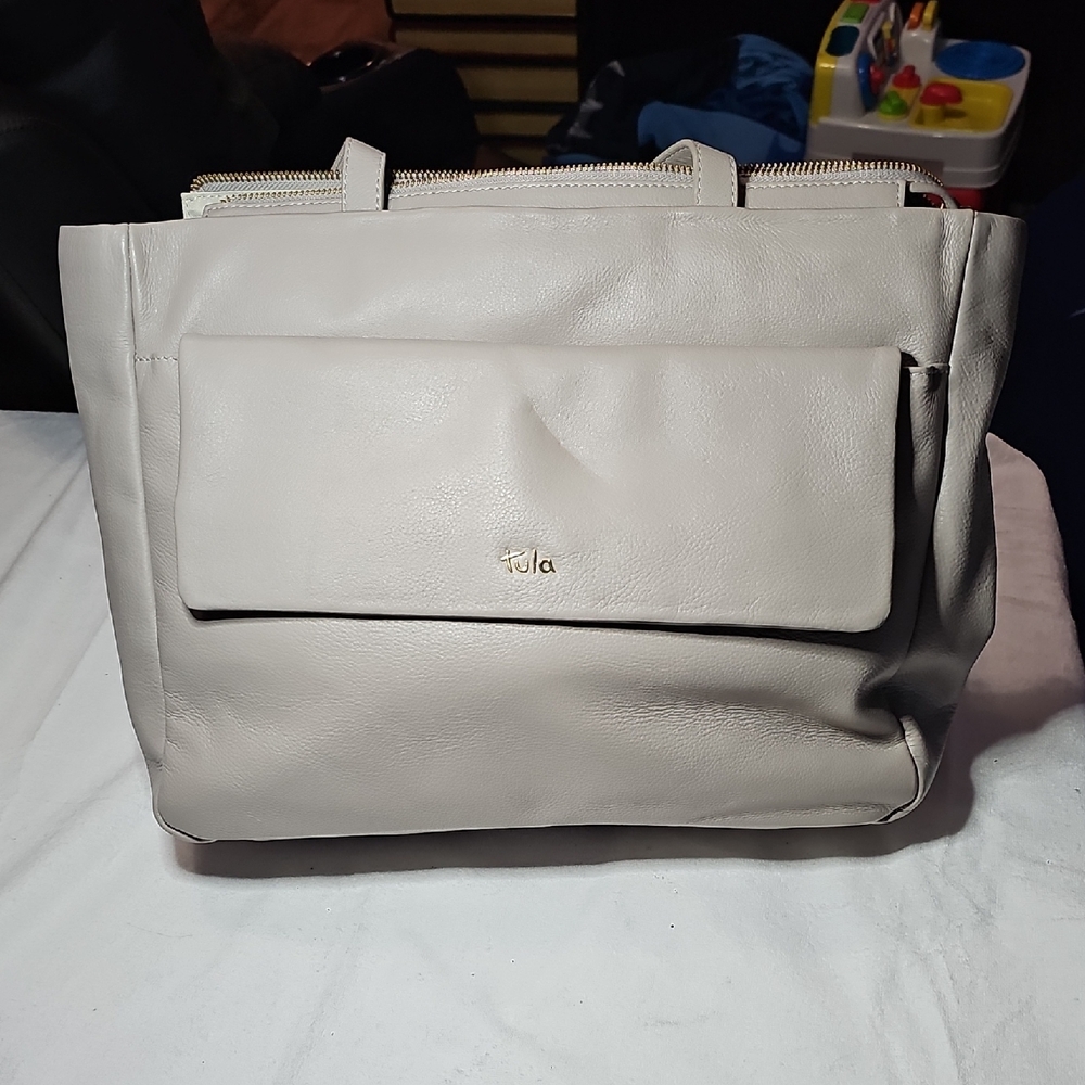 Tula Light Off-White Structured Tote Bag with Pebbled Leather and Sturdy Handles